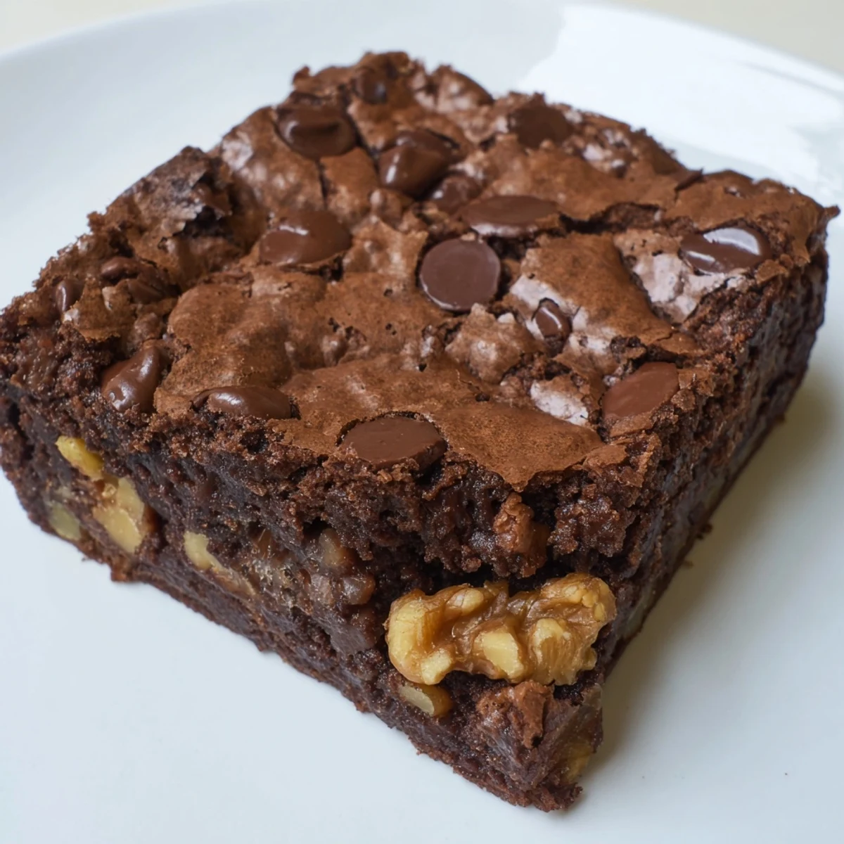 Moist, fudgy Chocolate Fudge Brownies with Walnuts packed with chocolate chips and crunchy nutty pieces on a cooling rack.  