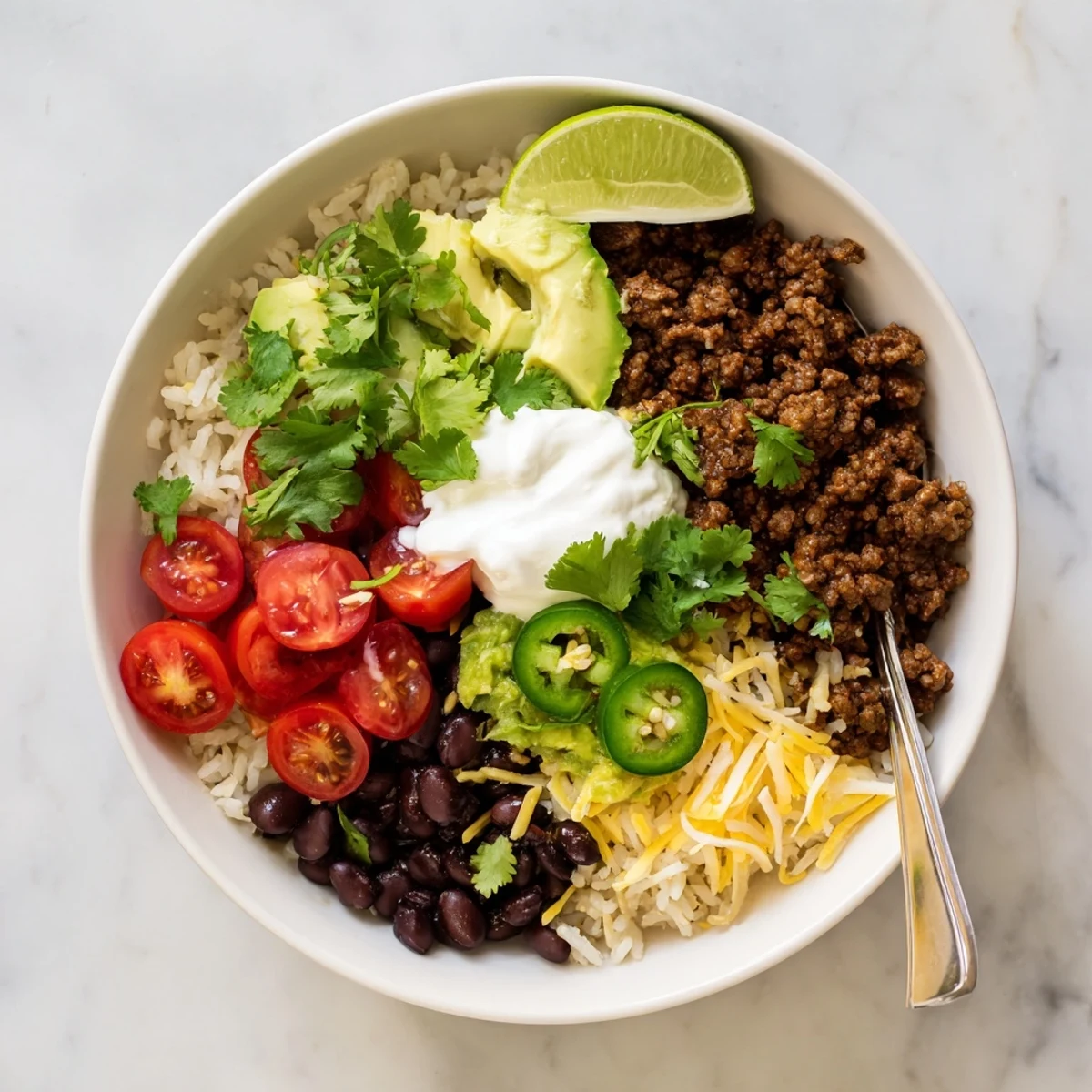 A top-down view of colorful Beef Burrito Bowls with rice, seasoned beef, black beans, and fresh toppings like avocado, tomatoes, and cheese.