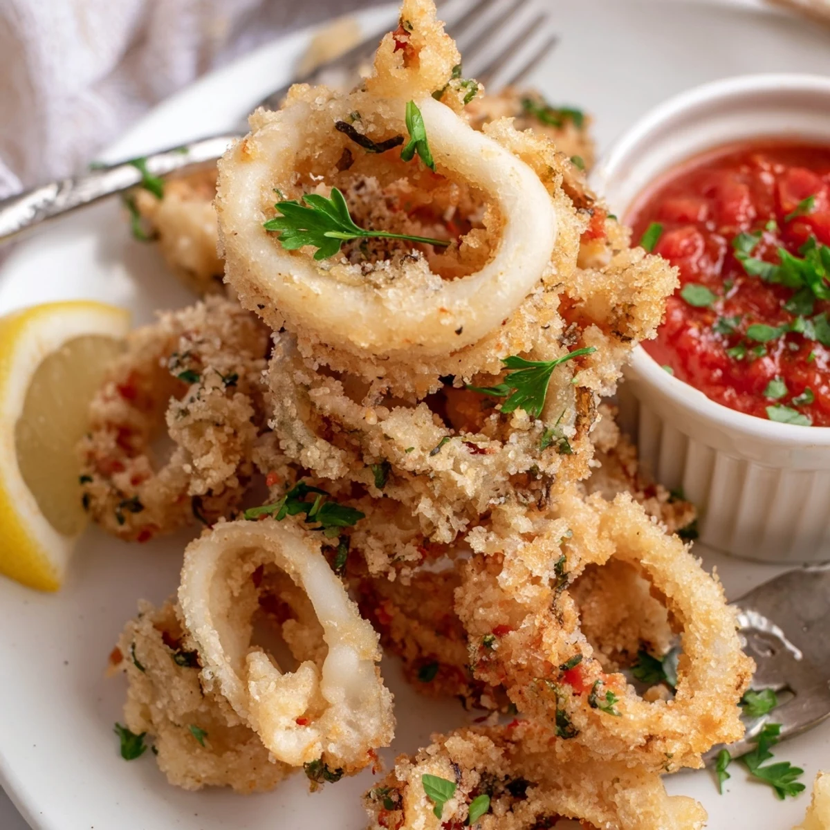Golden-brown crispy calamari rings piled high on a plate, ready for dipping into homemade marinara sauce.  