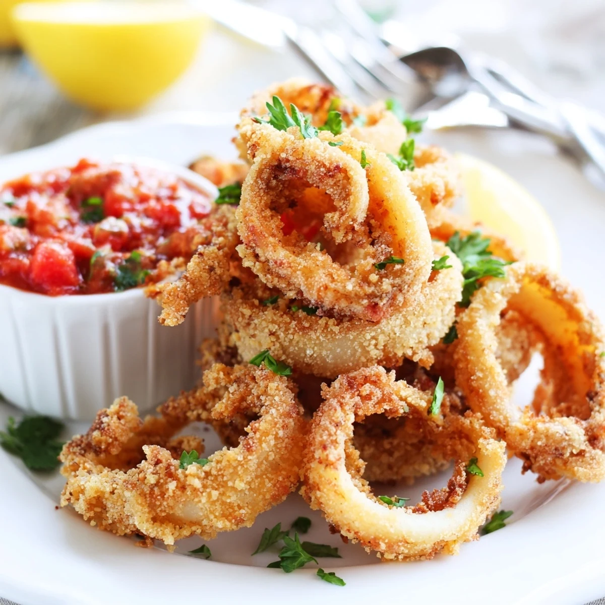 Tender calamari coated in light batter, fried to perfection alongside a zesty Italian marinara dipping sauce.