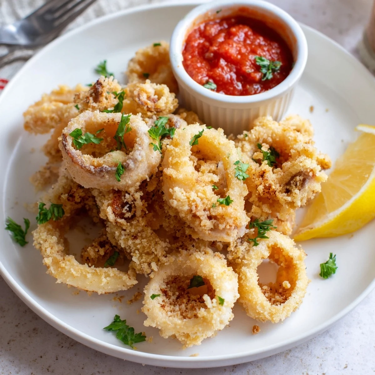Crispy Calamari with Marinara Dipping Sauce is served with fresh lemon wedges and chopped parsley garnish.  