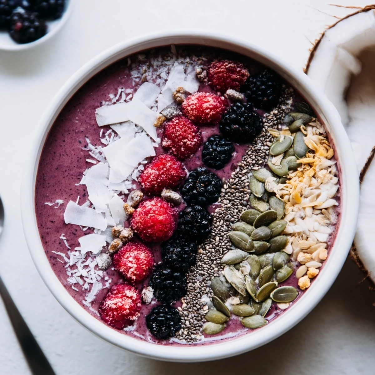 A vibrant Winter Berry Smoothie Bowl with Seeds topped with fresh berries and crunchy seeds, perfect for a healthy winter breakfast.  
