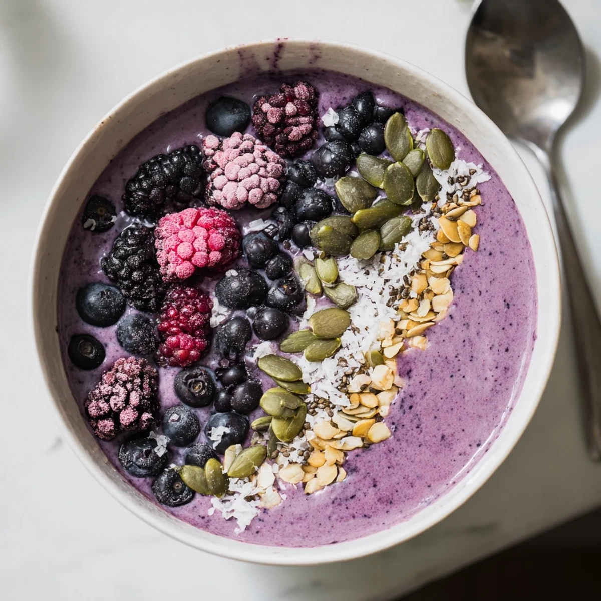 A thick Winter Berry Smoothie Bowl with Seeds in a white bowl, featuring a colorful swirl of berries and an array of nutritious seeds.  