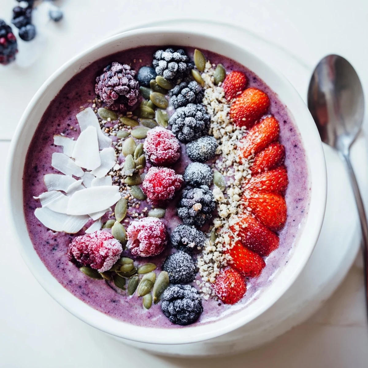Close-up of a Winter Berry Smoothie Bowl with Seeds, showing a spoon dipping into the berry-filled base with hemp seeds and coconut flakes.