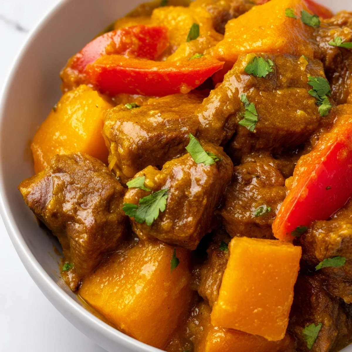 Golden slow-cooked beef curry with coconut milk in a rustic bowl, garnished with fresh cilantro and served alongside fluffy white rice.  
