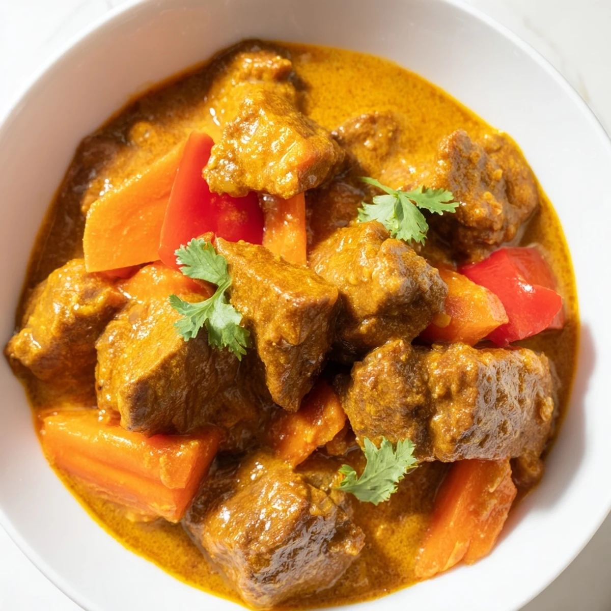 A rich and aromatic Slow Cooker Beef Curry with Coconut Milk bubbling in a slow cooker, featuring tender beef cubes and colorful vegetables.  
