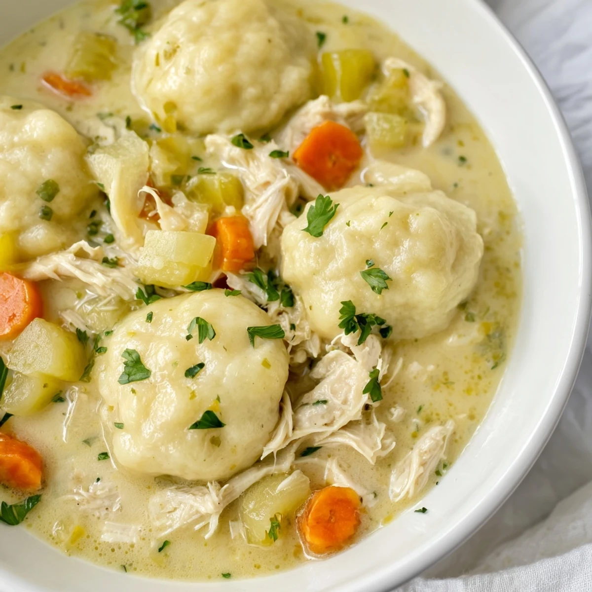 Slow Cooker Chicken and Dumplings in a rustic bowl, featuring tender shredded chicken and soft dumplings in a creamy, herb-infused stew.