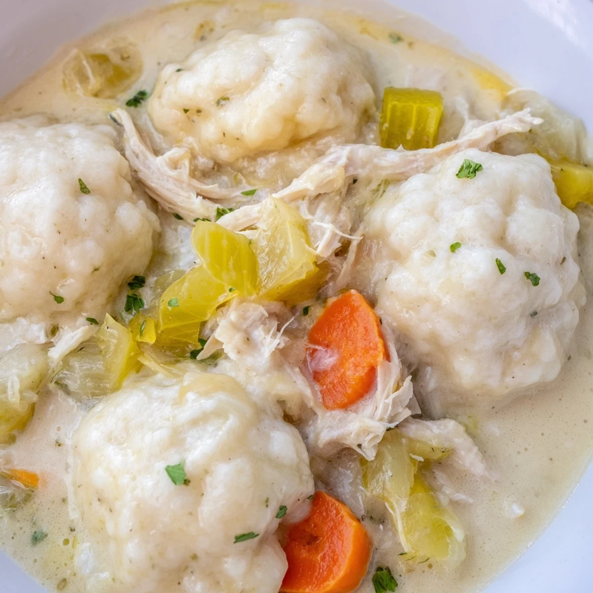 Homemade Slow Cooker Chicken and Dumplings served in a deep bowl, ready to enjoy on a cold day.