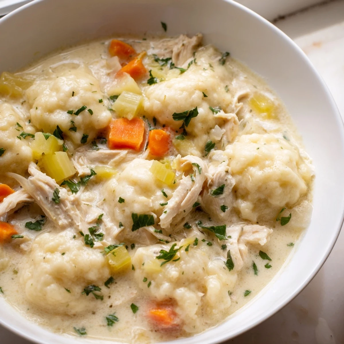 The finished Slow Cooker Chicken and Dumplings dish is garnished with fresh parsley, steaming in a cozy kitchen setting.