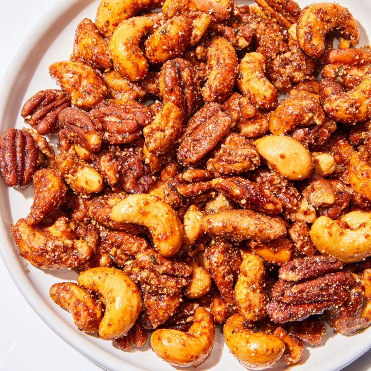Golden-brown Creole Spiced Nuts Mix cooling on parchment paper, showcasing a medley of almonds, cashews, pecans, and walnuts.