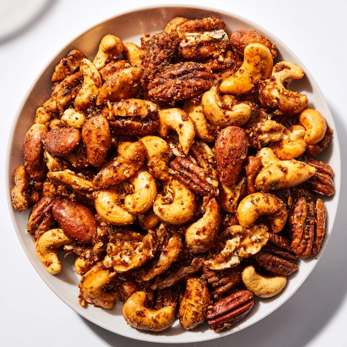 A savory handful of Creole Spiced Nuts Mix reveals glistening pecans and cashews coated in aromatic herbs and spices.