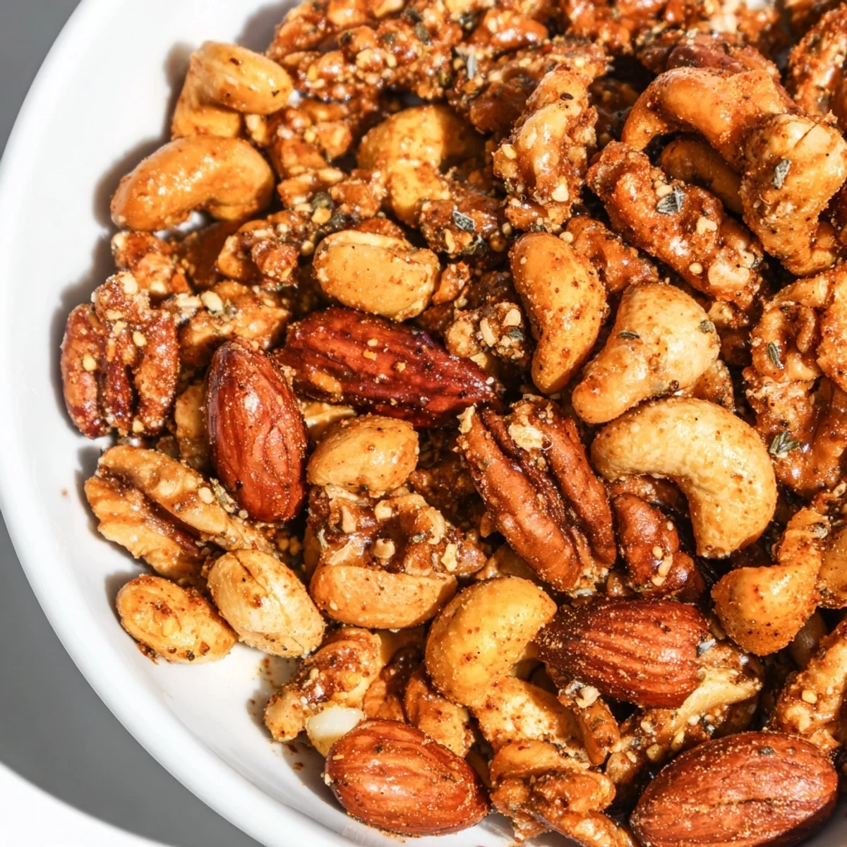 An appetizing bowl of Creole Spiced Nuts Mix ready for snacking, blending sweet maple glaze with bold Southern heat.