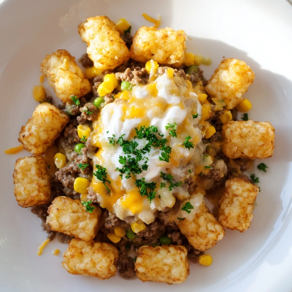 Golden-brown, crispy tater tots bake atop a creamy, cheesy beef filling in this hearty Super Bowl Tater Tot Casserole.