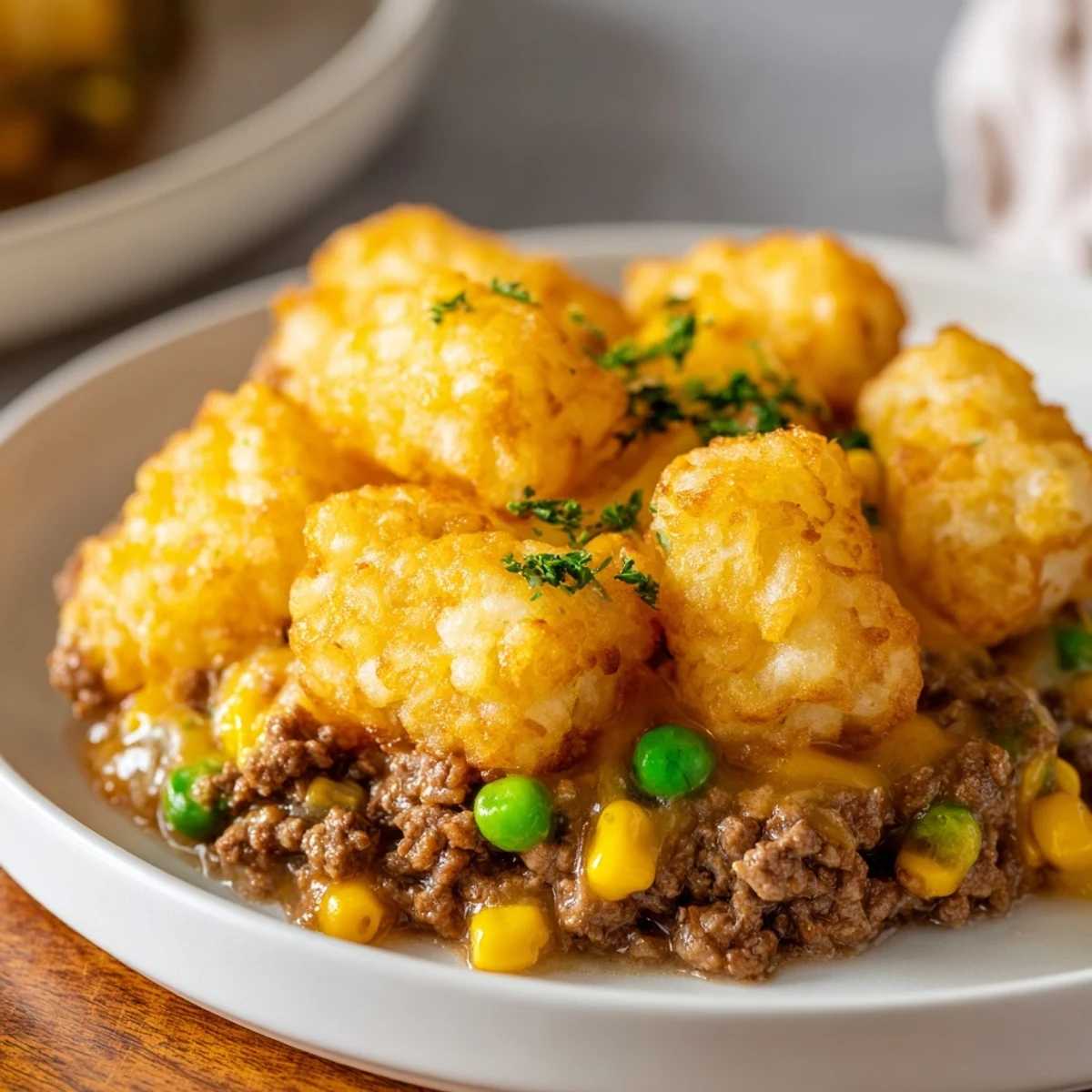 A close-up of the Super Bowl Tater Tot Casserole reveals melted cheddar cheese bubbling over golden, crunchy potato rounds.