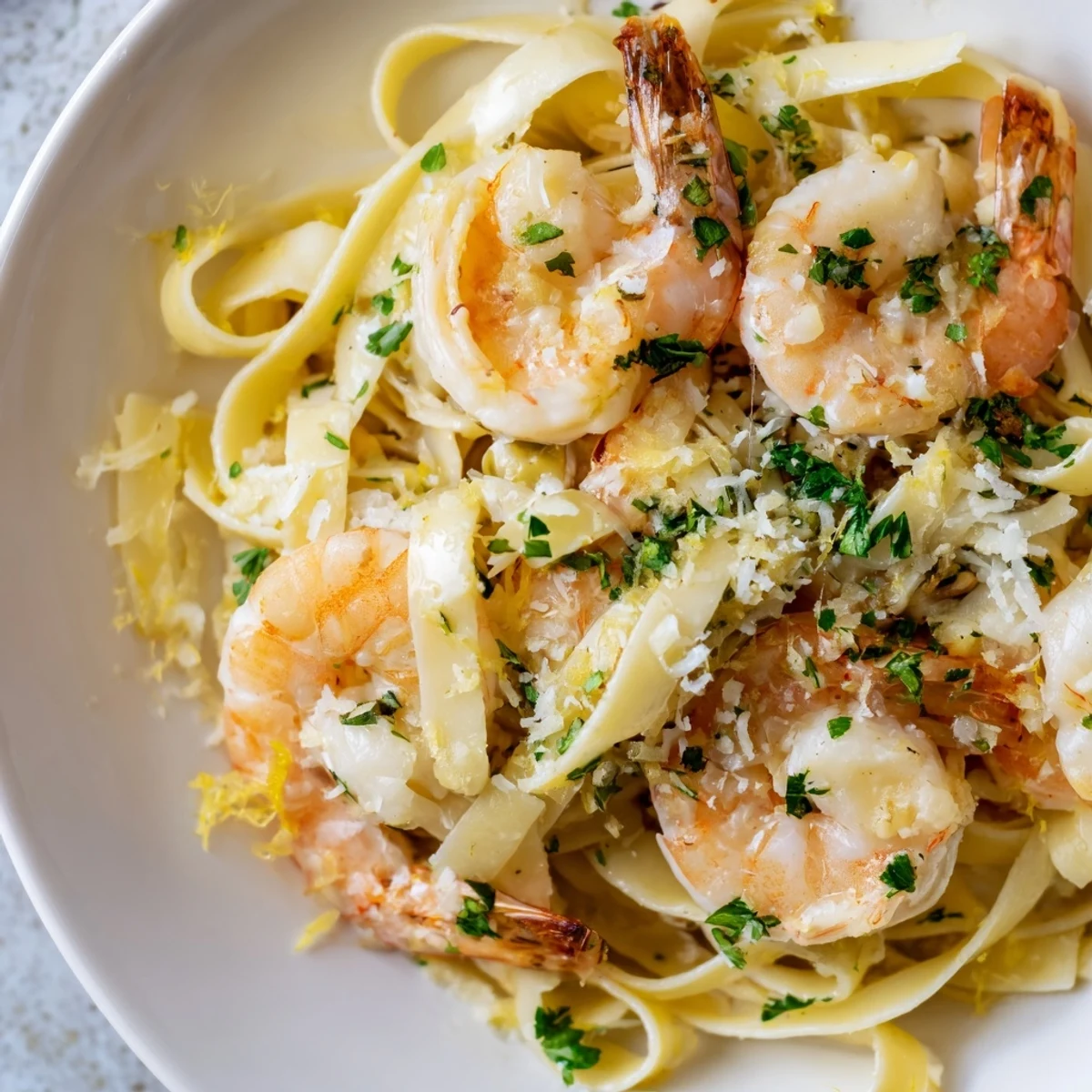 A close-up of Date Night Shrimp Scampi with Linguine, garnished with parsley and lemon zest on a romantic dinner plate.