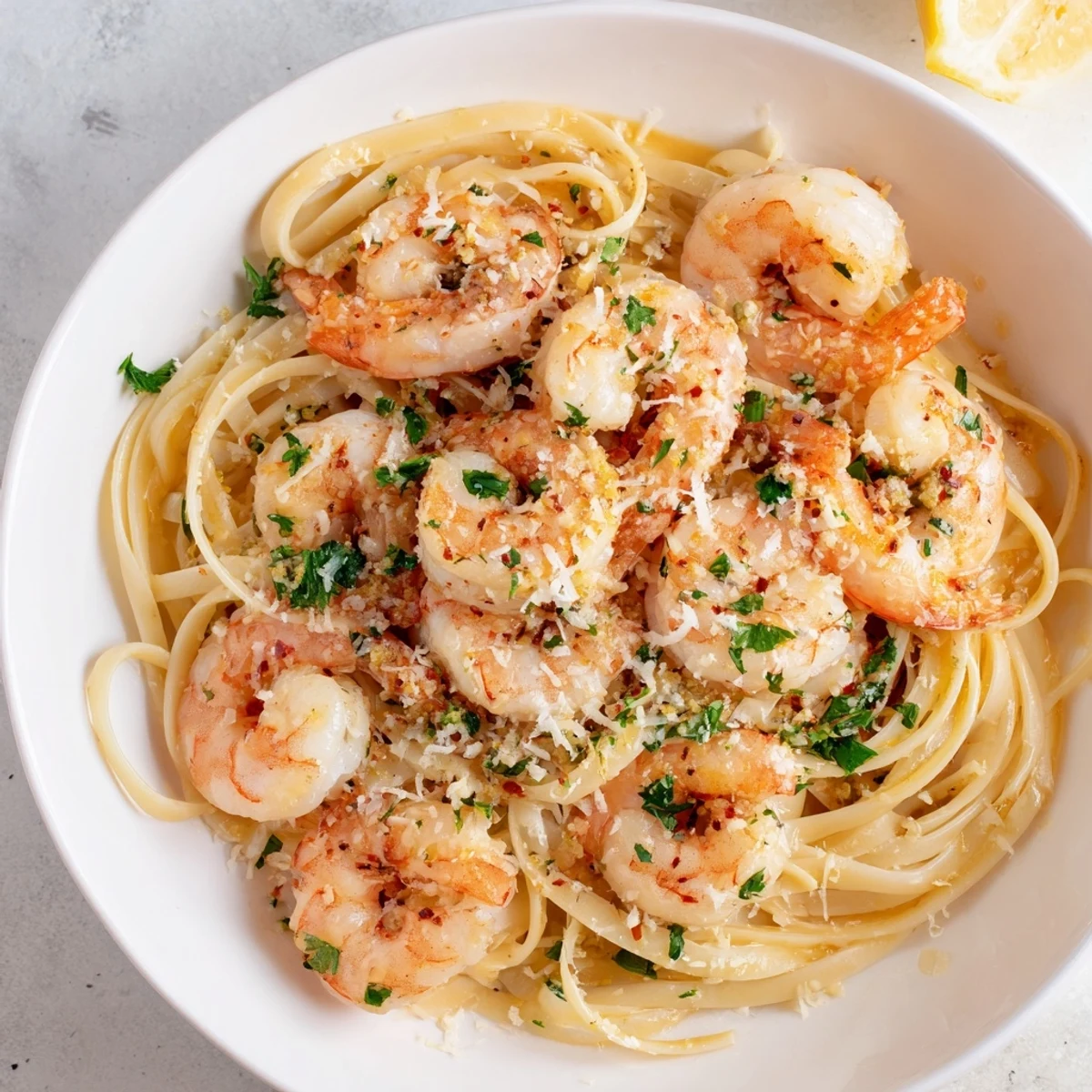 Glossy Date Night Shrimp Scampi with Linguine tossed with al dente noodles and fresh parsley, ready for a cozy evening meal.
