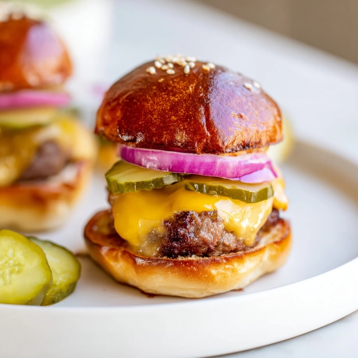Tailgate Burger Sliders are served hot with juicy beef patties, crisp red onion, and classic condiments on game day.  