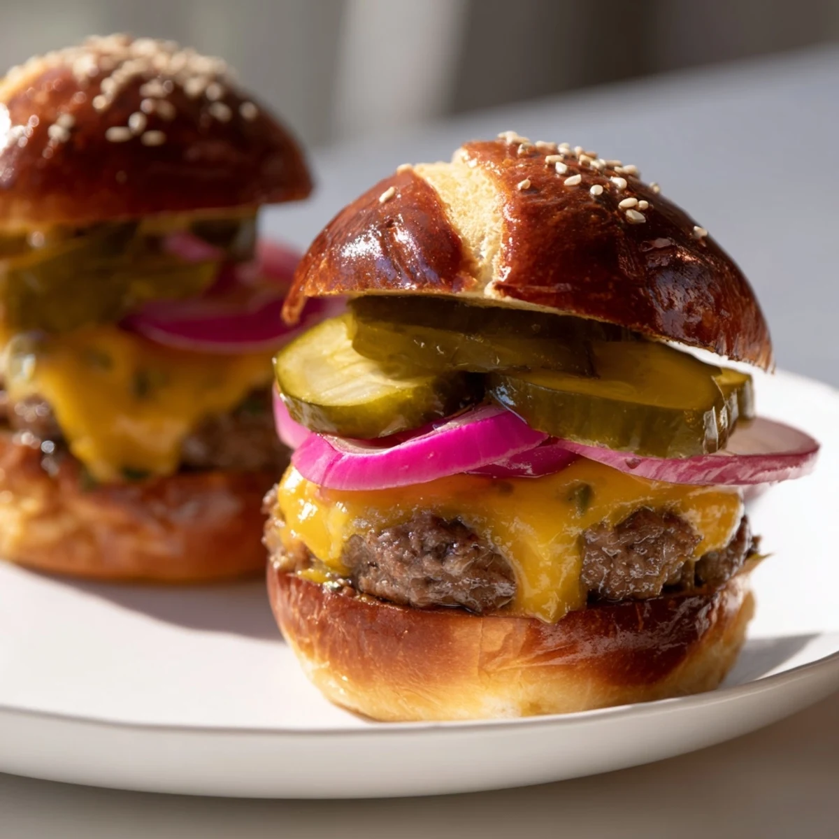 Freshly grilled Tailgate Burger Sliders with melted cheddar cheese and tangy dill pickles on toasted sesame buns.  