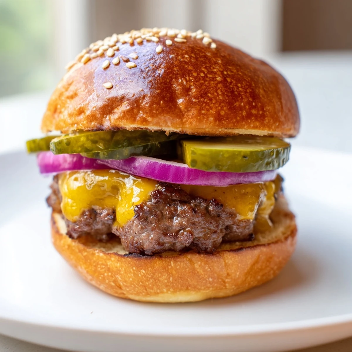 Close-up of Tailgate Burger Sliders featuring golden buns, melted cheese, pickles, and mustard on a rustic platter.
