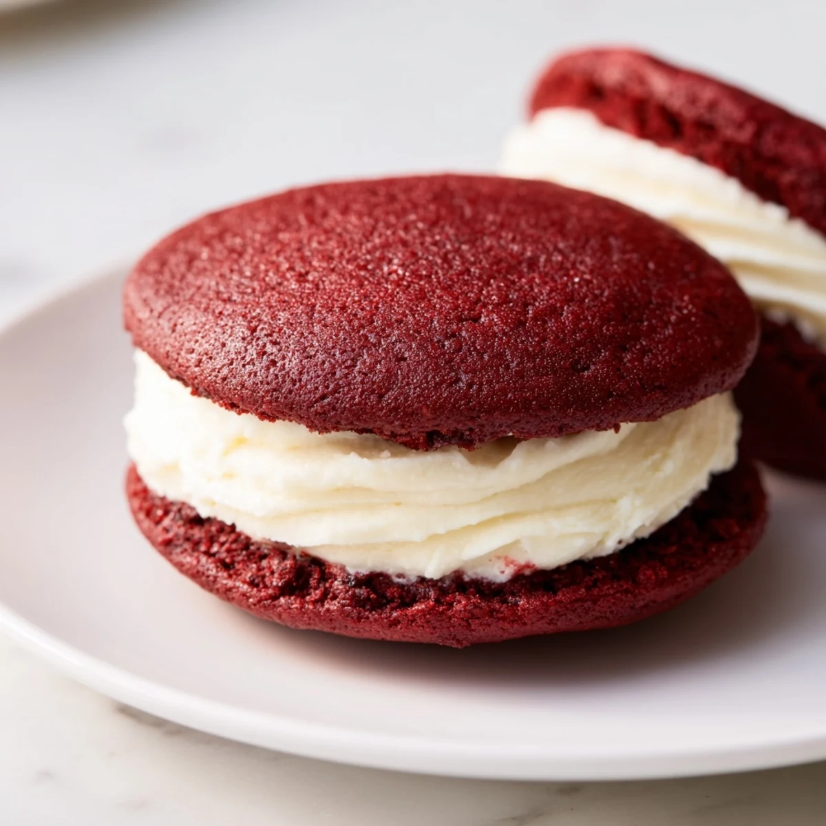 Festive Red Velvet Whoopie Pies with Cream Cheese Filling arranged on a white plate, ready to serve for a special occasion.