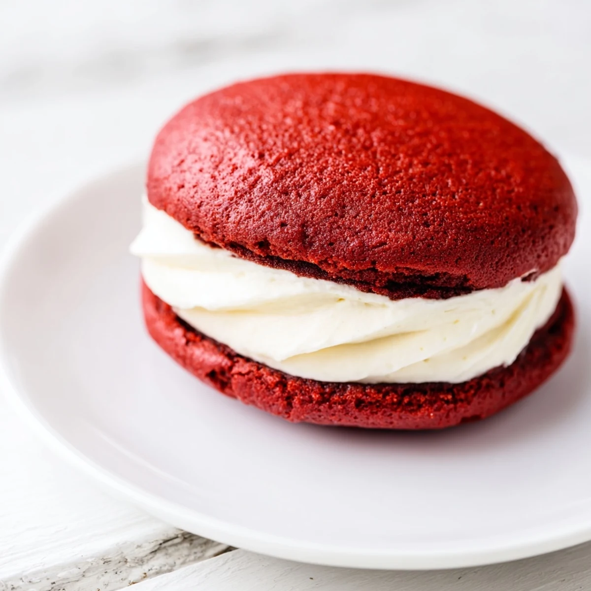 Close-up of a Red Velvet Whoopie Pie with Cream Cheese Filling, highlighting the moist cocoa texture and creamy vanilla filling.