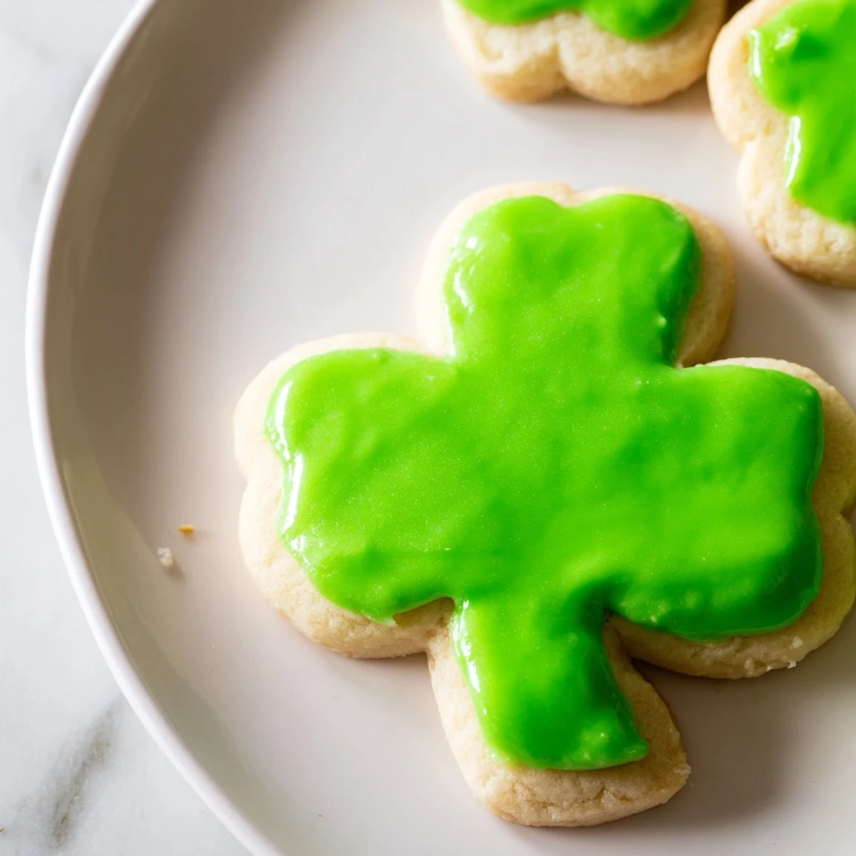 A plate of Shamrock Sugar Cookies with Green Icing, decorated with vibrant, glossy icing for a festive St. Patrick's Day treat.