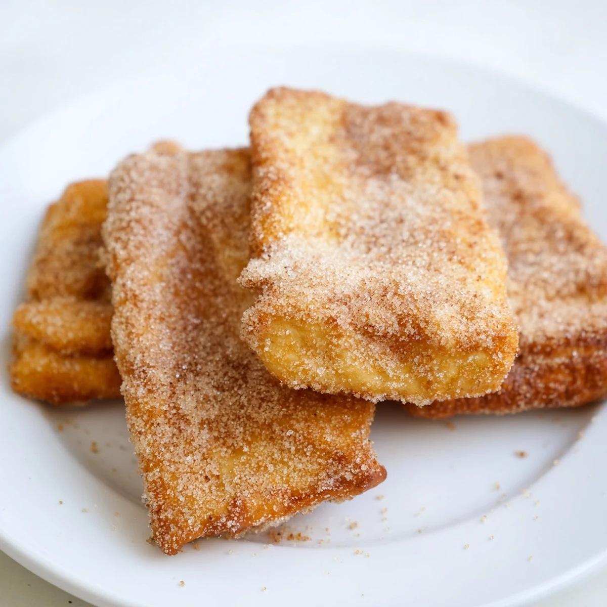 A close-up of golden-brown Mardi Gras fried dough pieces, lightly dusted with cinnamon sugar and arranged on a festive purple, green, and gold plate.  