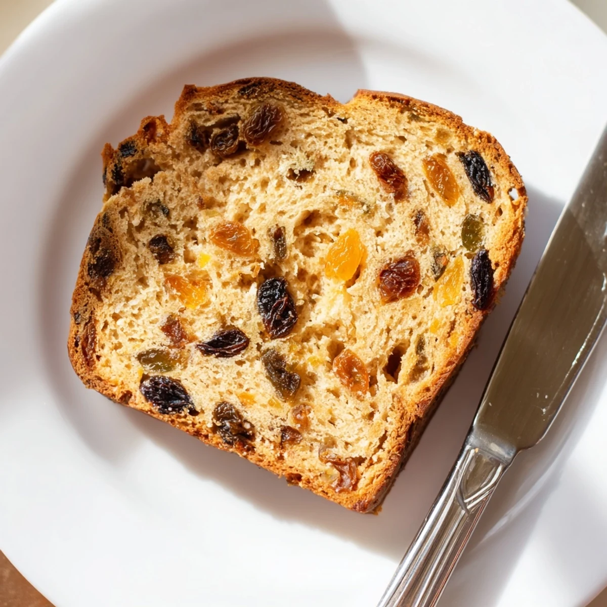 A golden-brown loaf of Irish Barmbrack fruit bread, studded with plump raisins and currants, sliced to show its moist interior.