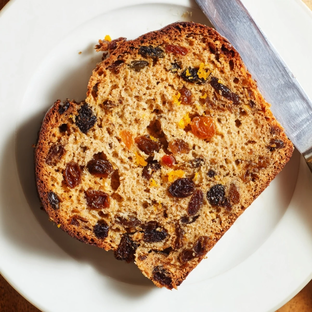 Slices of tender Irish Barmbrack fruit bread with orange zest, revealing tea-soaked dried fruits in a rustic kitchen setting.