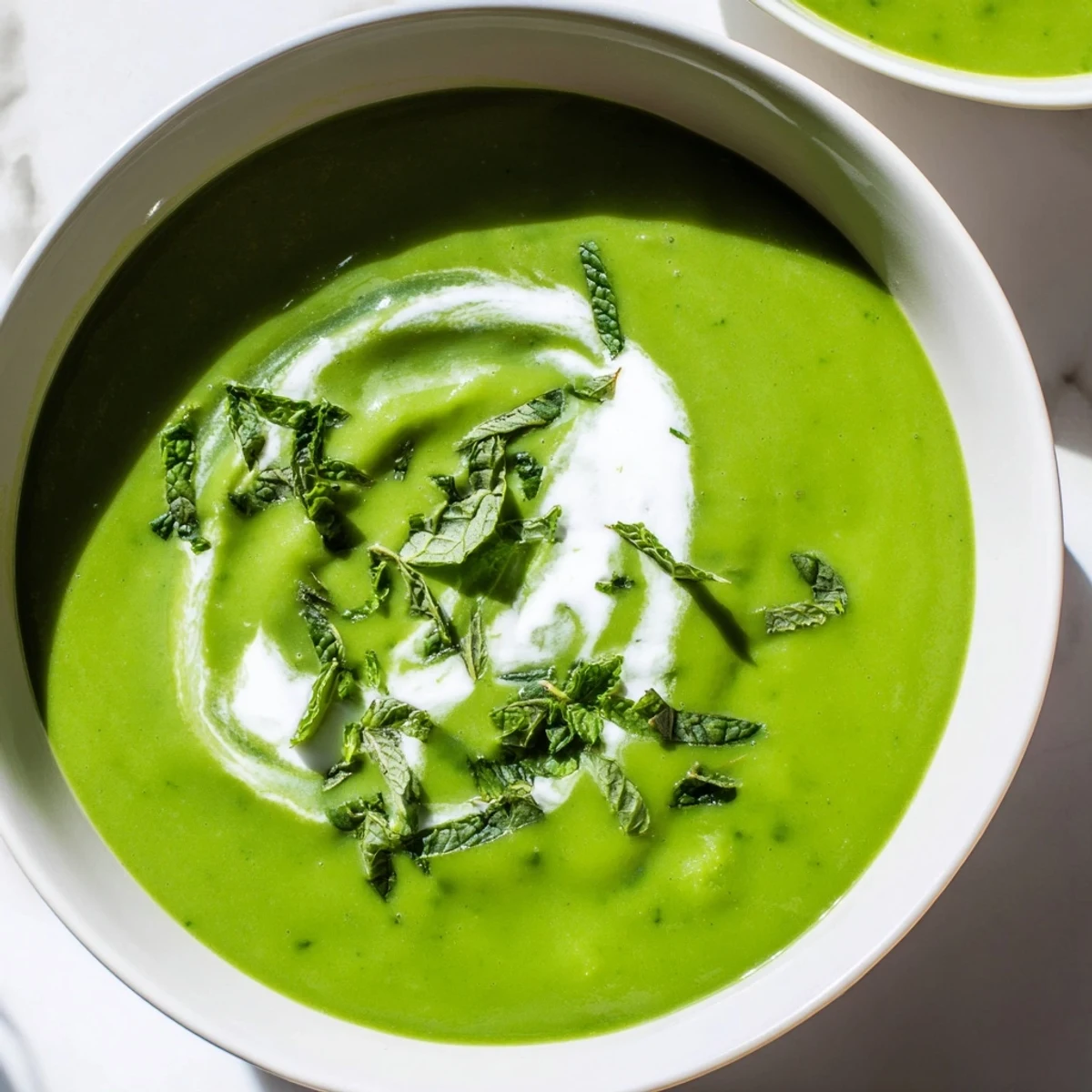 Steaming green pea and mint soup with a creamy texture, sitting on a wooden table next to a slice of crusty artisan bread.