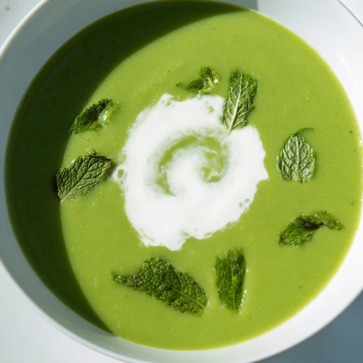 A bowl of vibrant green pea and mint soup, garnished with a swirl of cream and fresh mint leaves, served in a rustic white bowl.