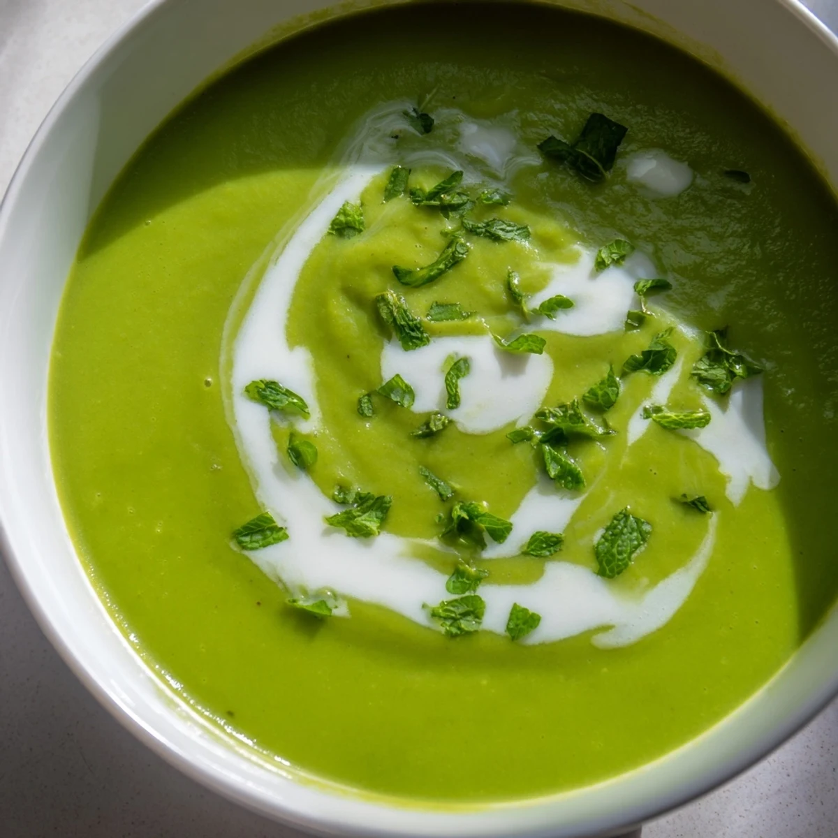 Smooth, bright green pea and mint soup topped with a drizzle of cream and a sprig of fresh mint, ready to be enjoyed.