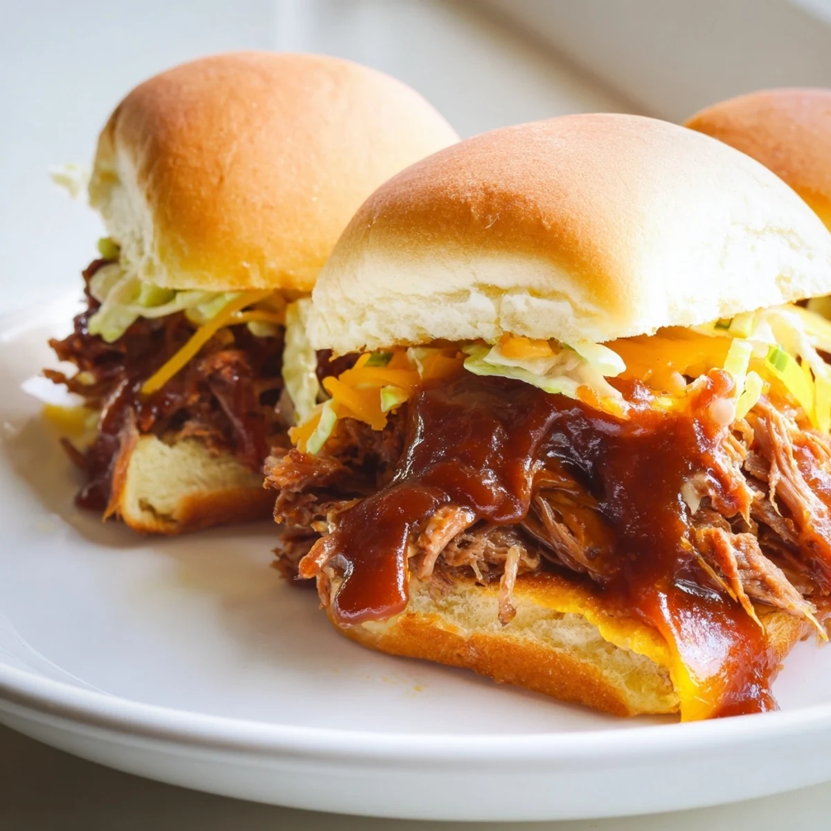 MVP Beef Brisket Sliders with BBQ Sauce piled high on soft buns, with tangy sauce dripping, served on a platter.