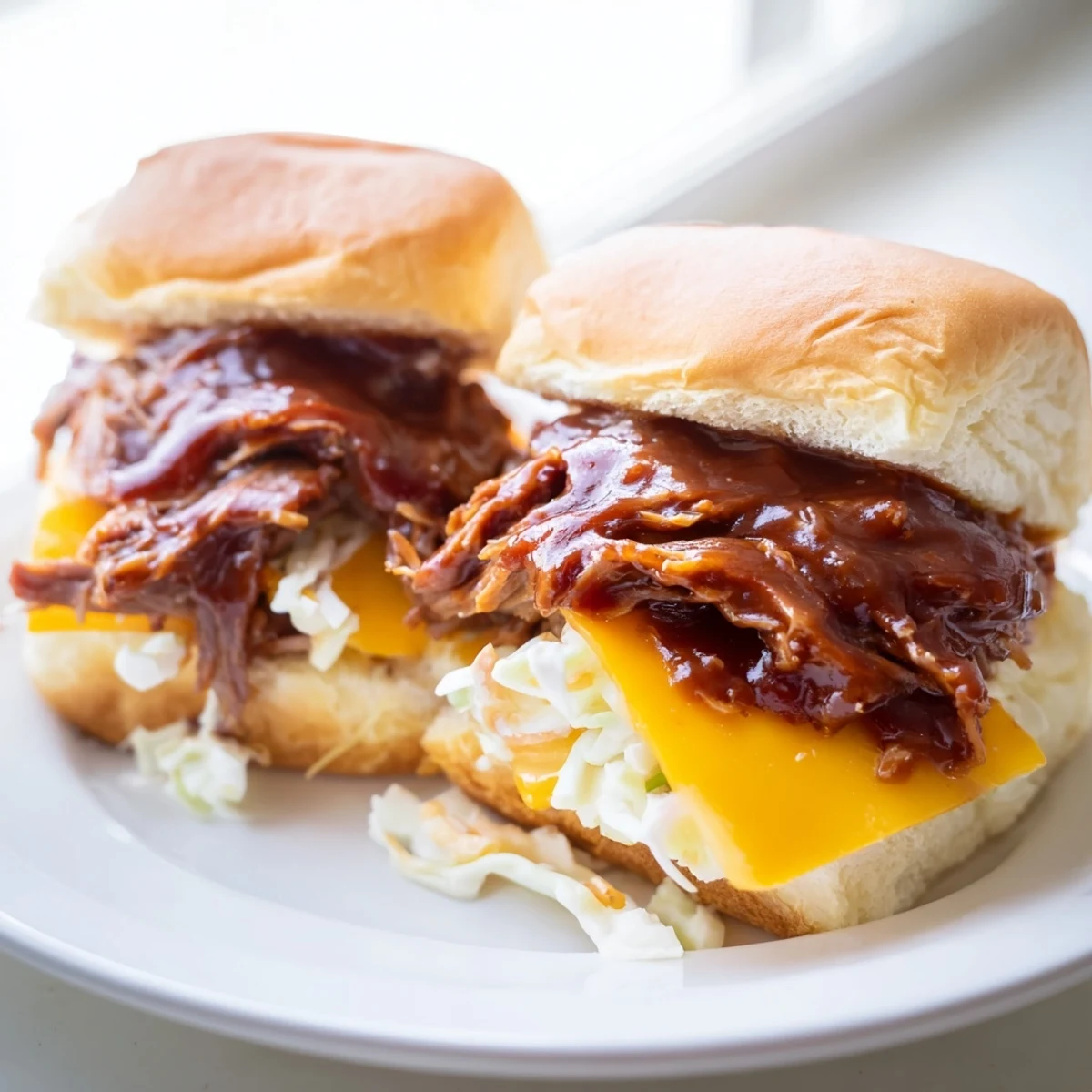 Freshly baked slider buns holding tender shredded MVP Beef Brisket Sliders with BBQ Sauce, topped with creamy coleslaw and cheddar.
