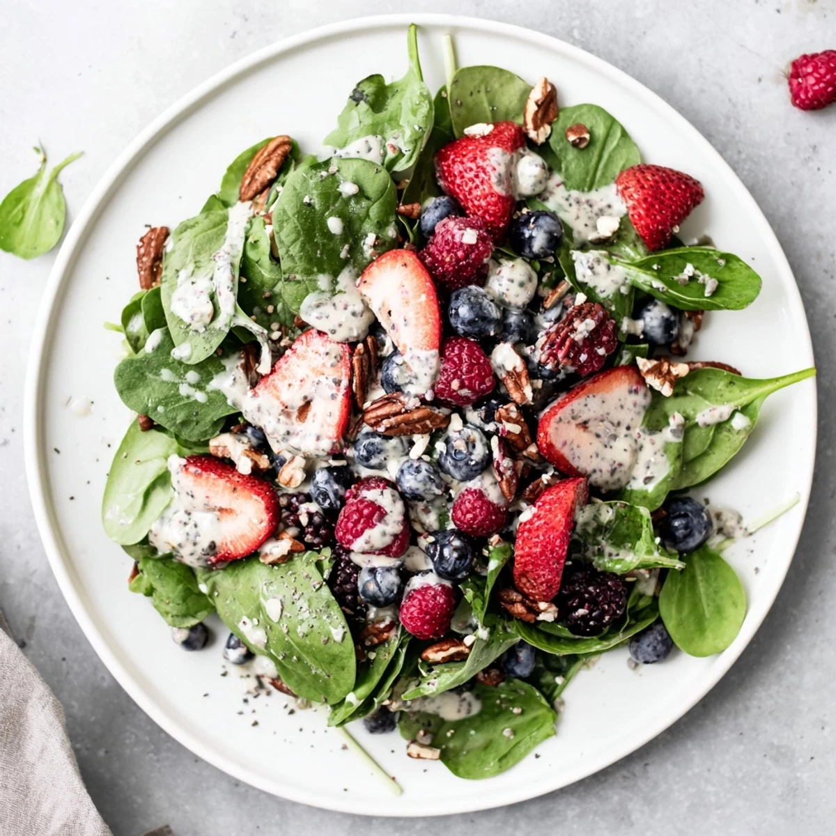 Colorful Sweetheart Berry Salad topped with crumbled feta, toasted pecans, and drizzled poppy seed dressing on a white plate.