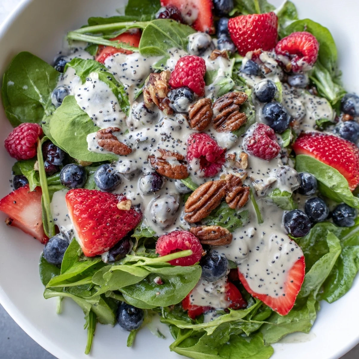 Fresh, vibrant Sweetheart Berry Salad with mixed greens, strawberries, blueberries, and raspberries tossed in creamy poppy seed dressing.