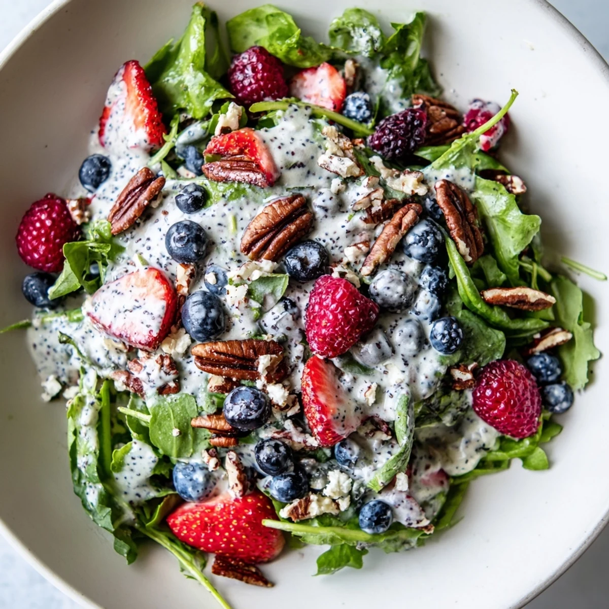 Served Sweetheart Berry Salad in a rustic bowl with creamy poppy seed dressing, perfect for romantic dinners or festive gatherings.