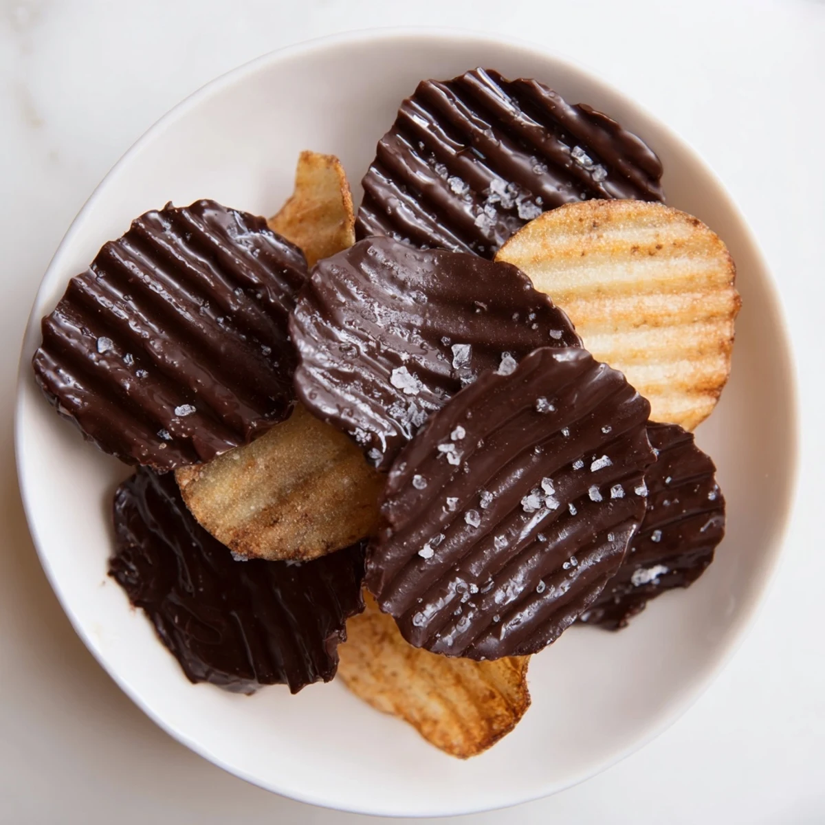 A close-up view of Chocolate Covered Potato Chips dipped in rich dark chocolate, sprinkled with sea salt for a sweet-salty snack.