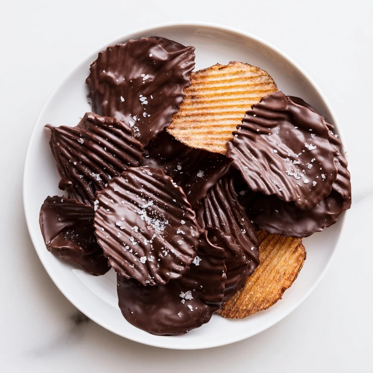 Homemade Chocolate Covered Potato Chips arranged on a cooling rack, displaying a glossy chocolate coating over crispy ridged chips.