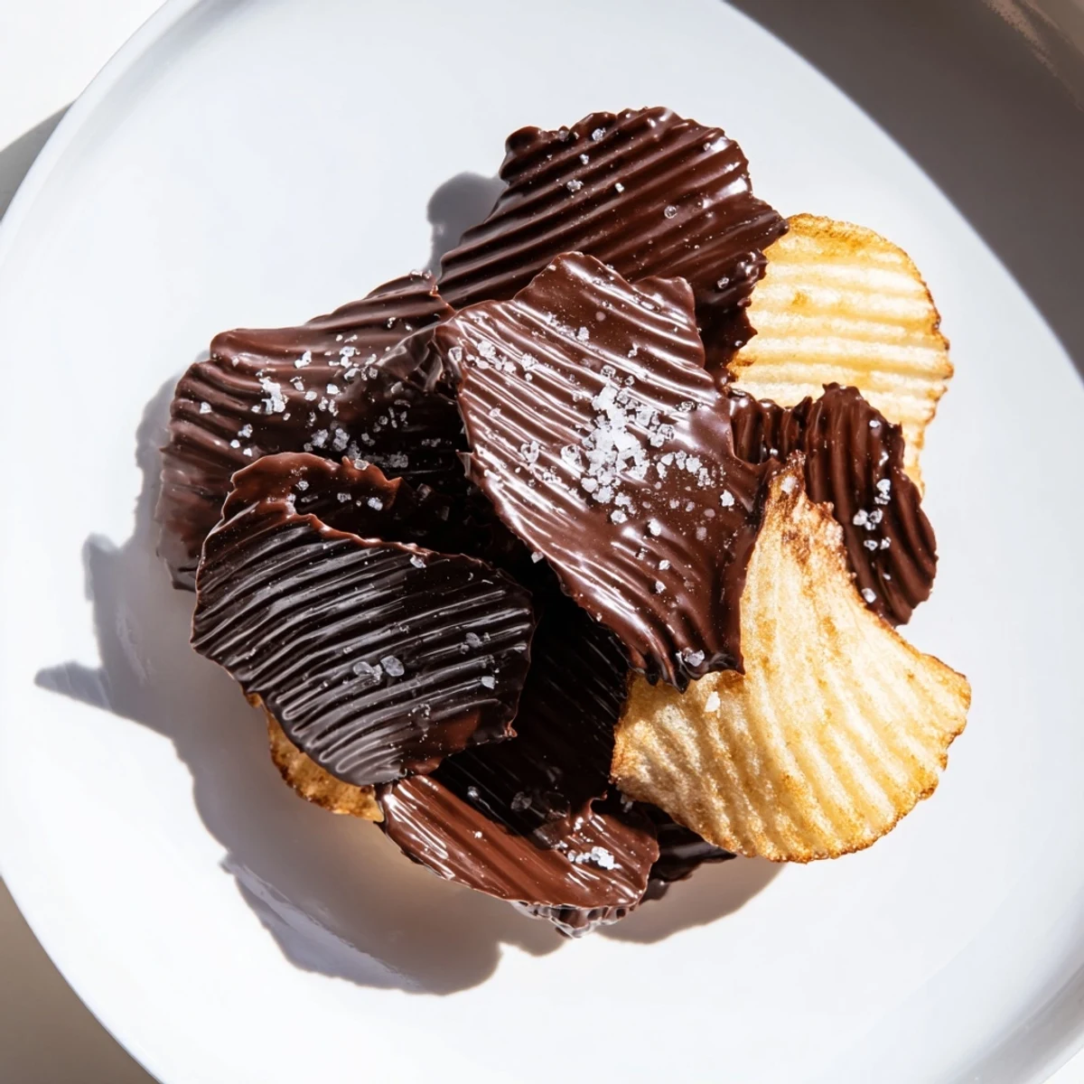 A bowl of Chocolate Covered Potato Chips served on a white plate, a decadent party dessert ready to be shared.