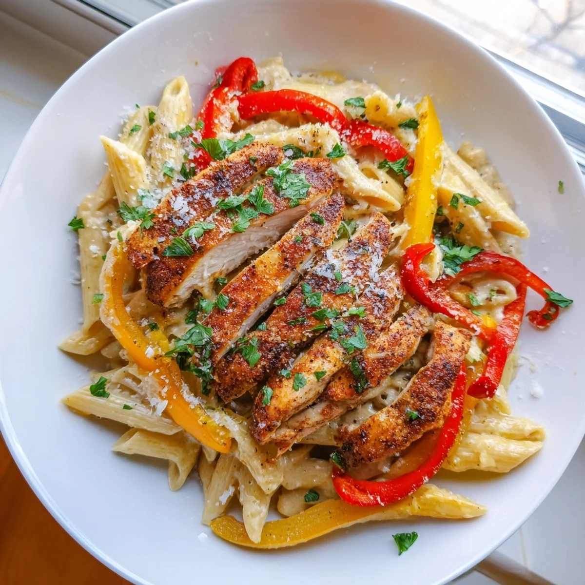 Tender Cajun-spiced chicken and colorful sautéed peppers tossed in a luscious Parmesan cream sauce, served over penne.
