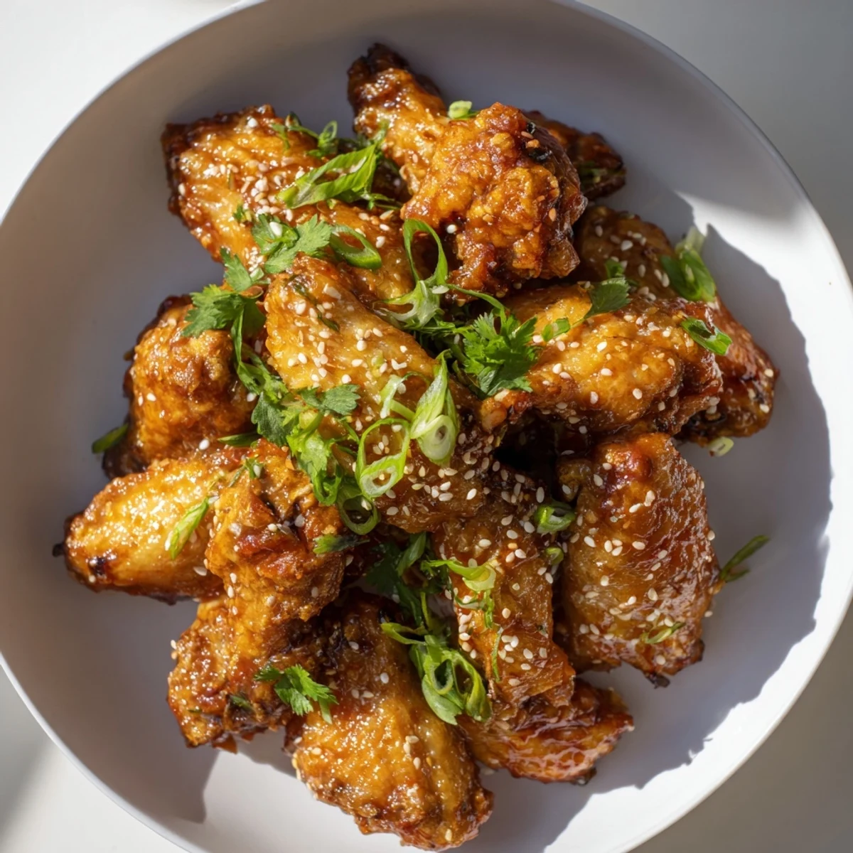 Golden, crispy Super Bowl Spicy Sriracha Wings fresh from the oven, tossed in a glossy red chili sauce and garnished with fresh cilantro and green onions.