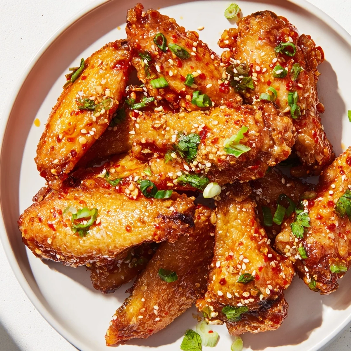A close-up of juicy Super Bowl Spicy Sriracha Wings with a crunchy, charred edge, drizzled with buttery hot sauce and served beside creamy ranch dip.