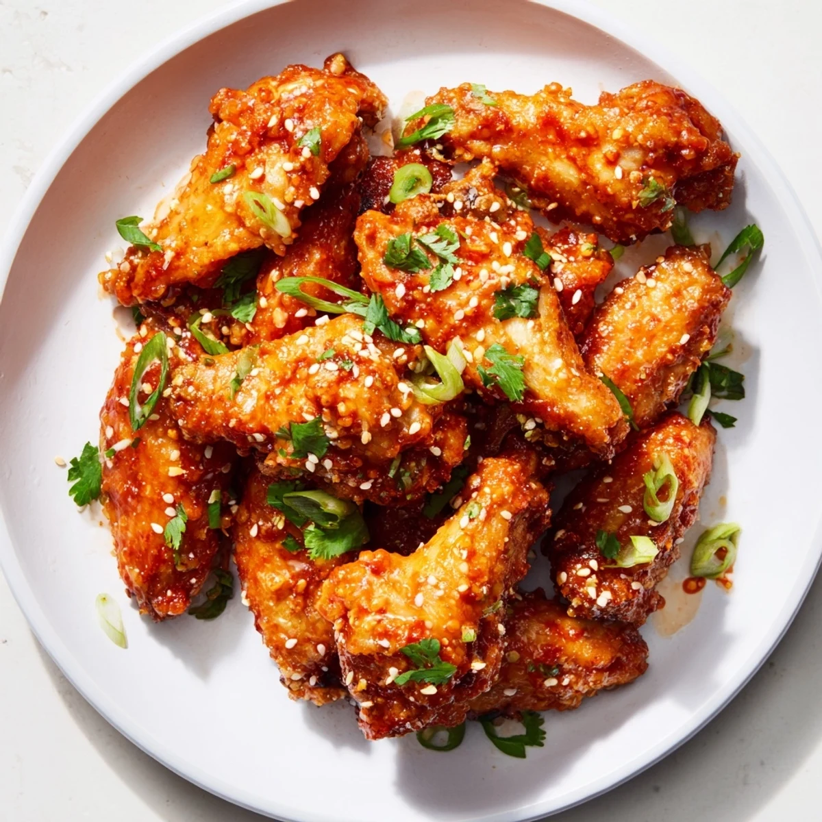 A platter of spicy Super Bowl Spicy Sriracha Wings piled high, glistening with sticky honey-Sriracha glaze and sesame seeds, ready for game day snacking.