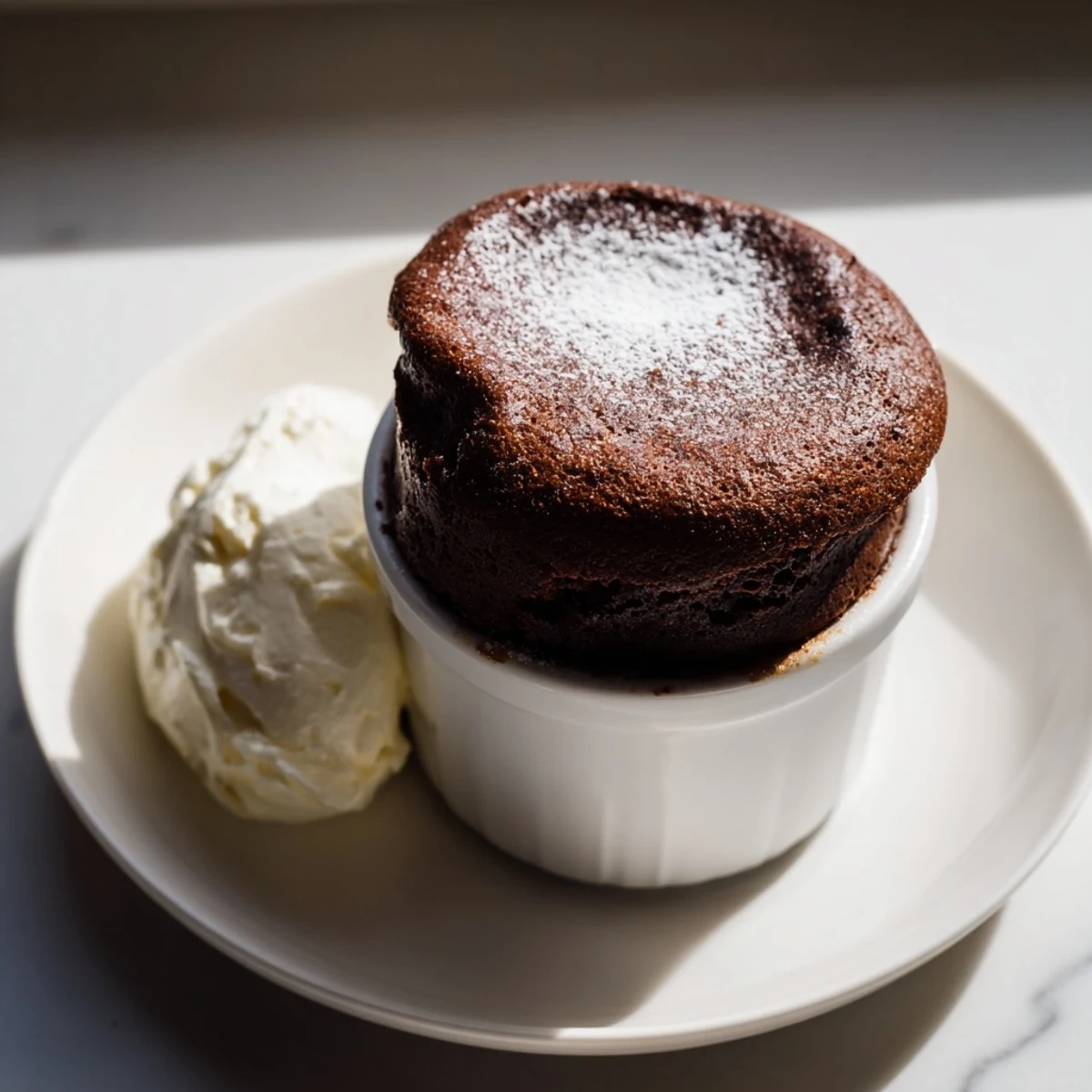 Golden-brown Romantic Chocolate Soufflé topped with powdered sugar and vanilla cream.