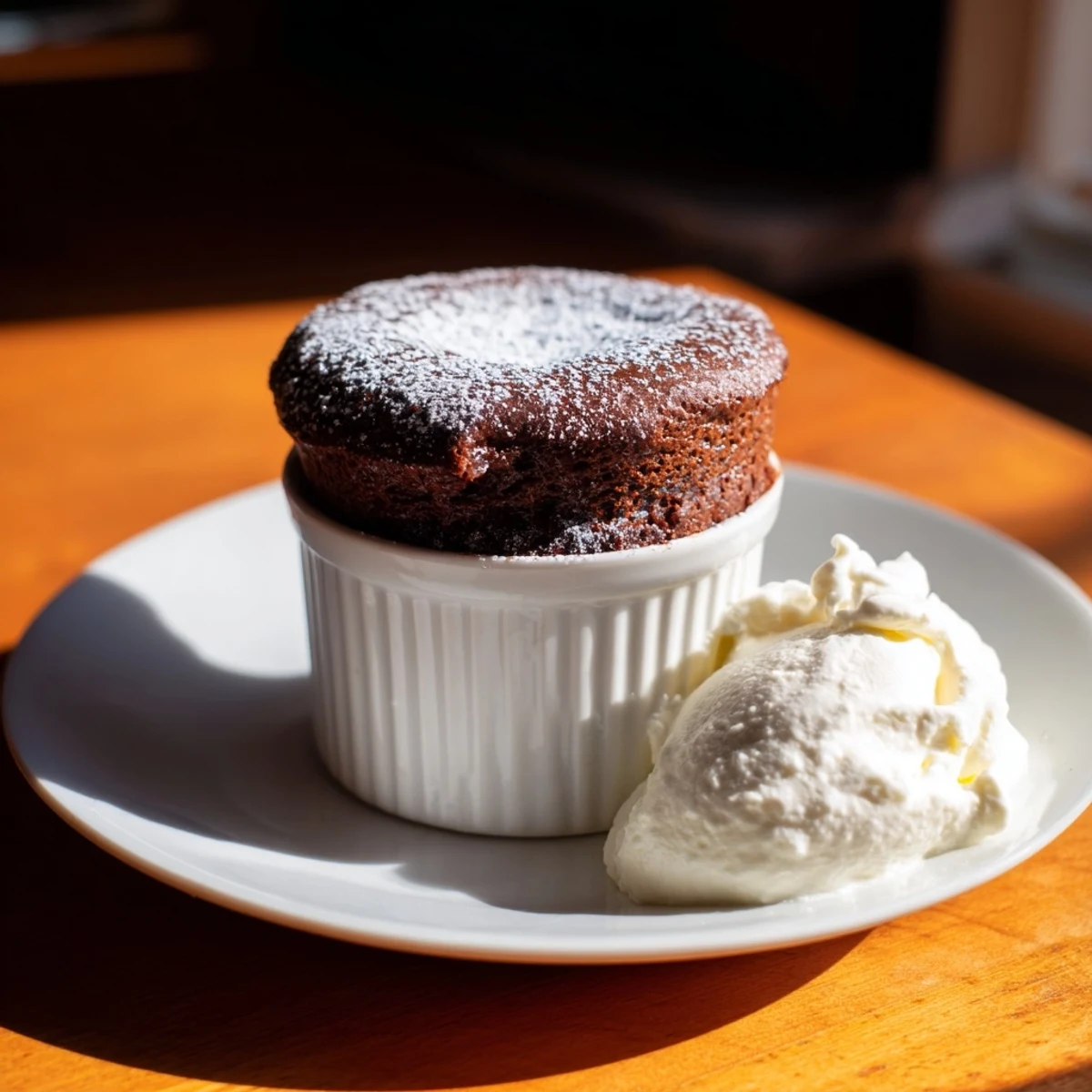 Warm, airy Romantic Chocolate Soufflé with cream rising high in a ramekin.