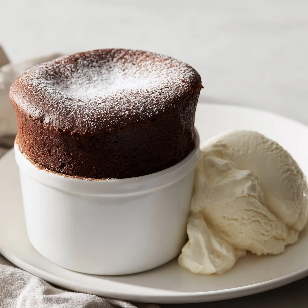 Fresh Romantic Chocolate Soufflé served with dollop of cream and raspberries.