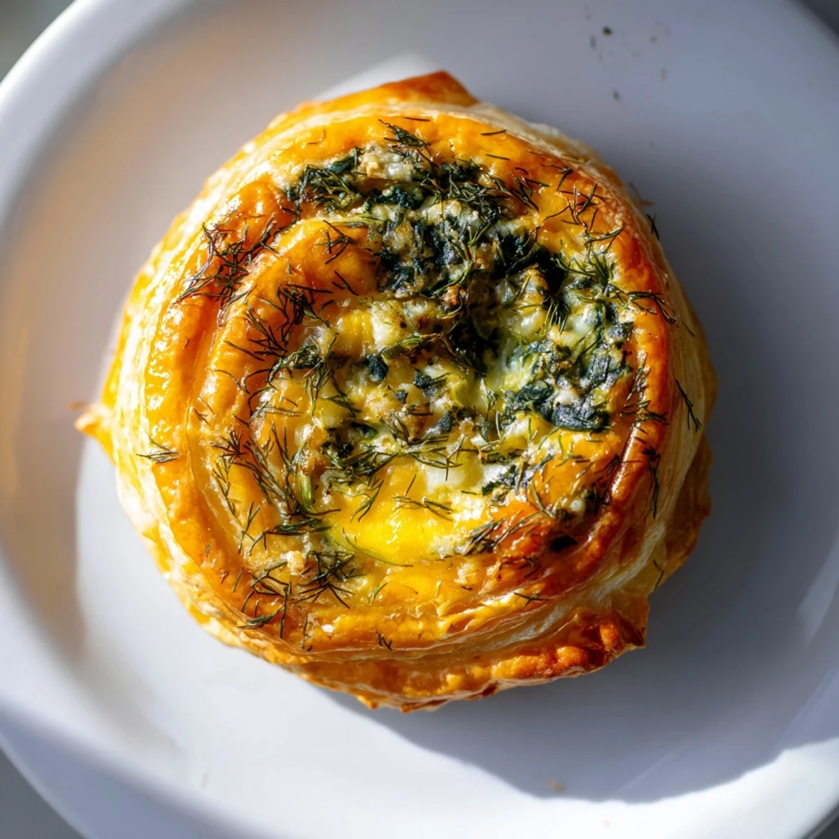 Freshly baked Green Spinach and Feta Puff Pastry on a rustic wooden board, revealing flaky layers and a vibrant green filling.