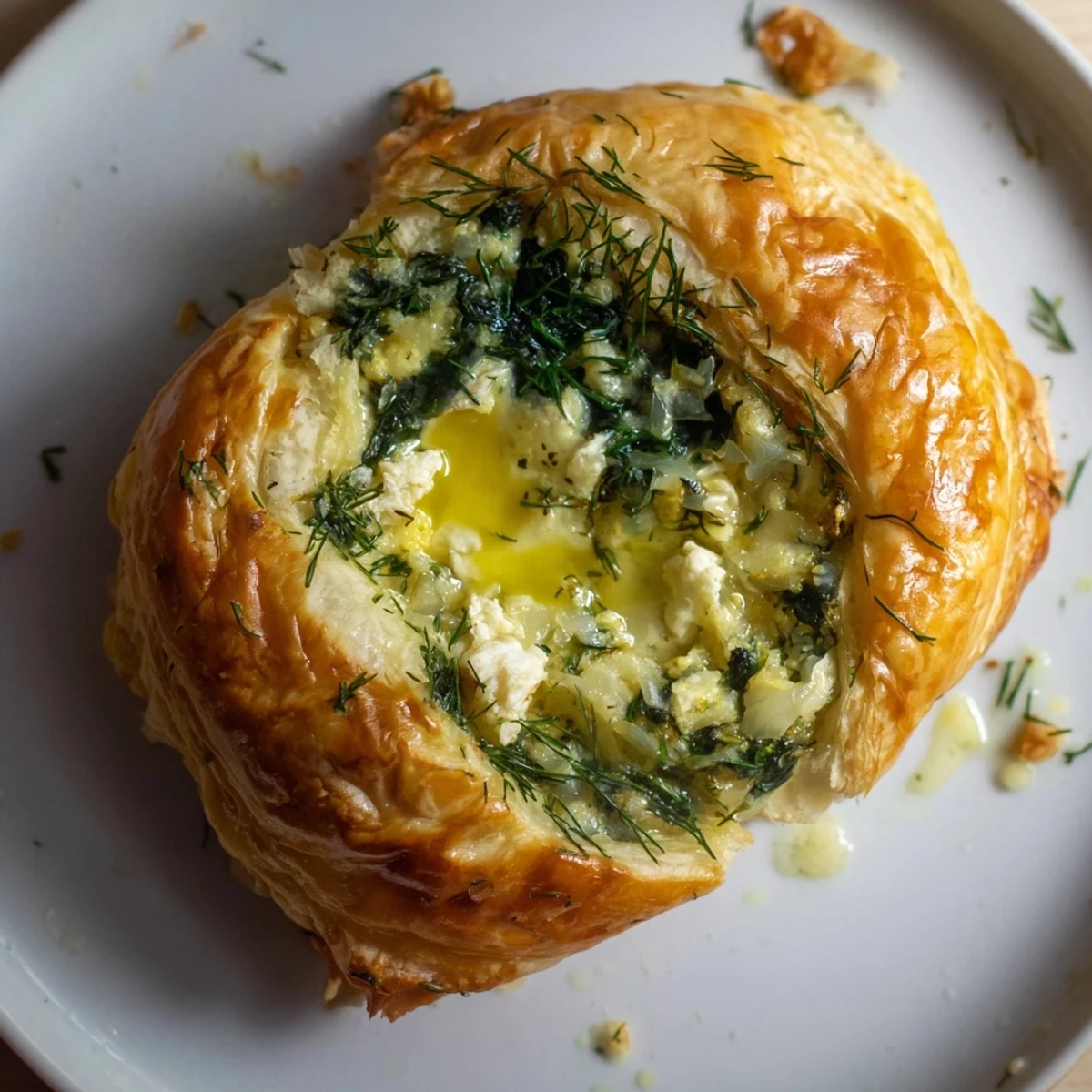 A slice of Green Spinach and Feta Puff Pastry shows creamy feta and herbs inside, served alongside a small green salad.