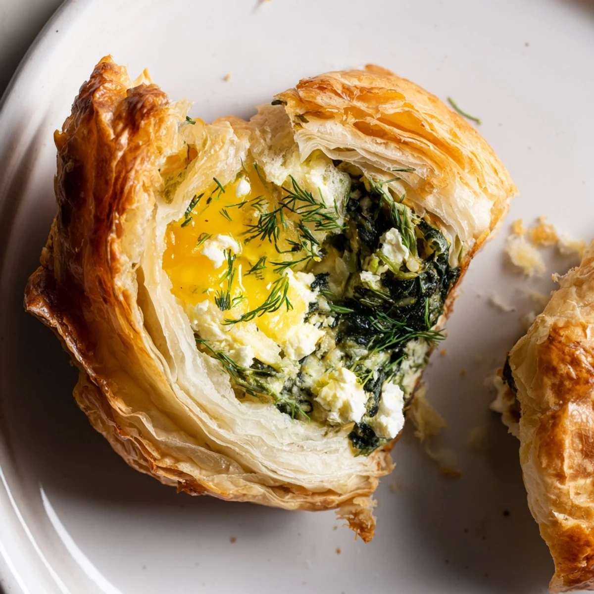 Close-up of a golden-brown Green Spinach and Feta Puff Pastry topped with fresh dill, ready to serve as a vegetarian appetizer.